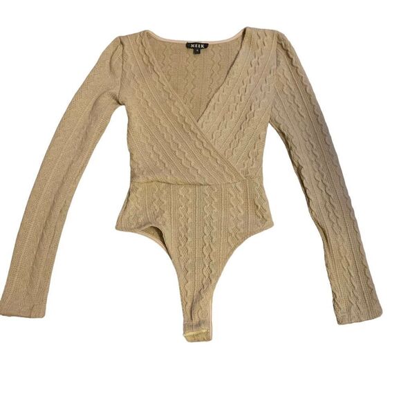 Meek Tan Cable Knit Surplice Bodysuit Size Small - Picture 3 of 11